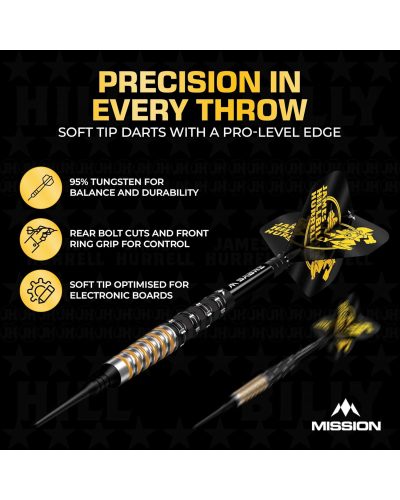 Mission James Hurrell Darts - Soft Tip - 95% Tungsten - V2 - Black PVD & Yellow 20 gr
