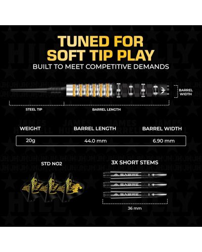 Mission James Hurrell Darts - Soft Tip - 95% Tungsten - V2 - Black PVD & Yellow 20 gr